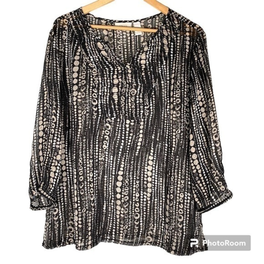 CHICO’S Semi Sheer Black/White Abstract Print Popover Top 3 (XL) 16